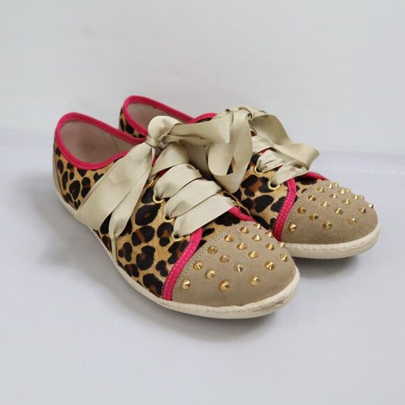 London Sole Jane Winkworth Cheetah Hair Studded Sneakers Big‎ Bow Size 40 US 9.5 - Picture 1 of 9